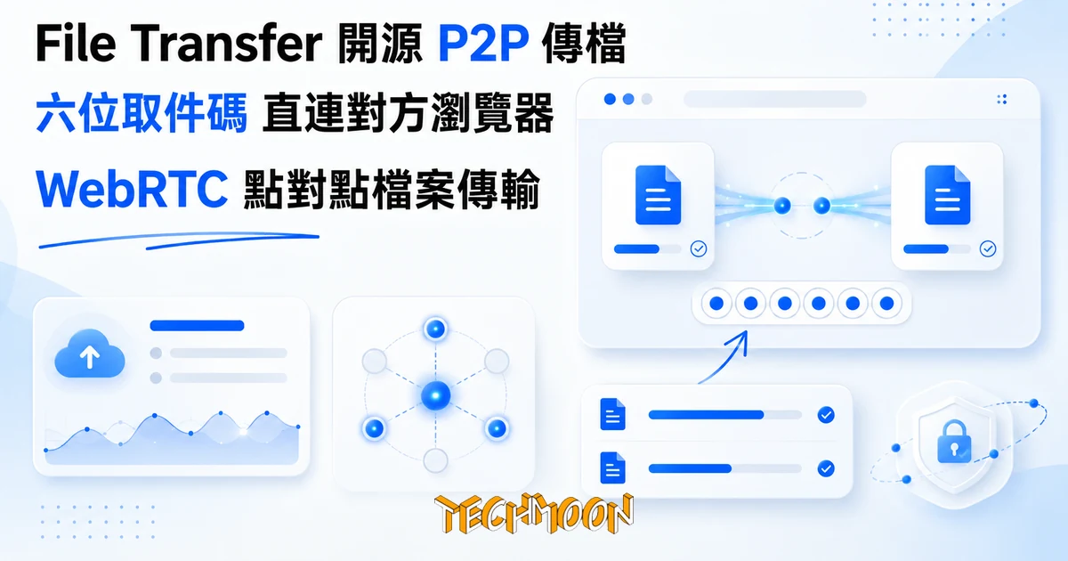 File Transfer 開源 P2P 傳檔:取件碼把檔案直送對方瀏覽器 1 TechMoon 精選圖|WebRTC P2P 檔案傳輸:兩台裝置瀏覽器以光束直連傳送檔案與六位取件碼