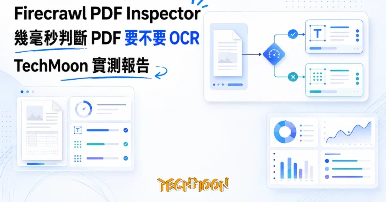 TechMoon 精選圖｜PDF 分流判斷概念圖，一份文件在本機分成原生文字抽取與 OCR 兩條處理路徑