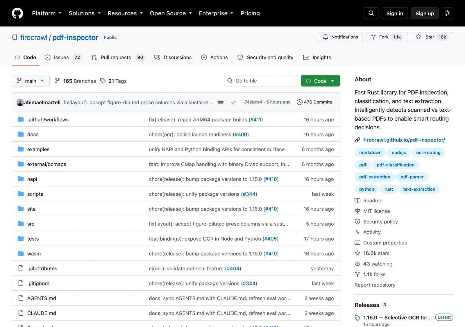 Firecrawl PDF Inspector 實測:幾毫秒判斷 PDF 要不要 OCR 2 GitHub 上 firecrawl/pdf-inspector 儲存庫首頁,顯示 MIT 授權與一萬六千多顆星