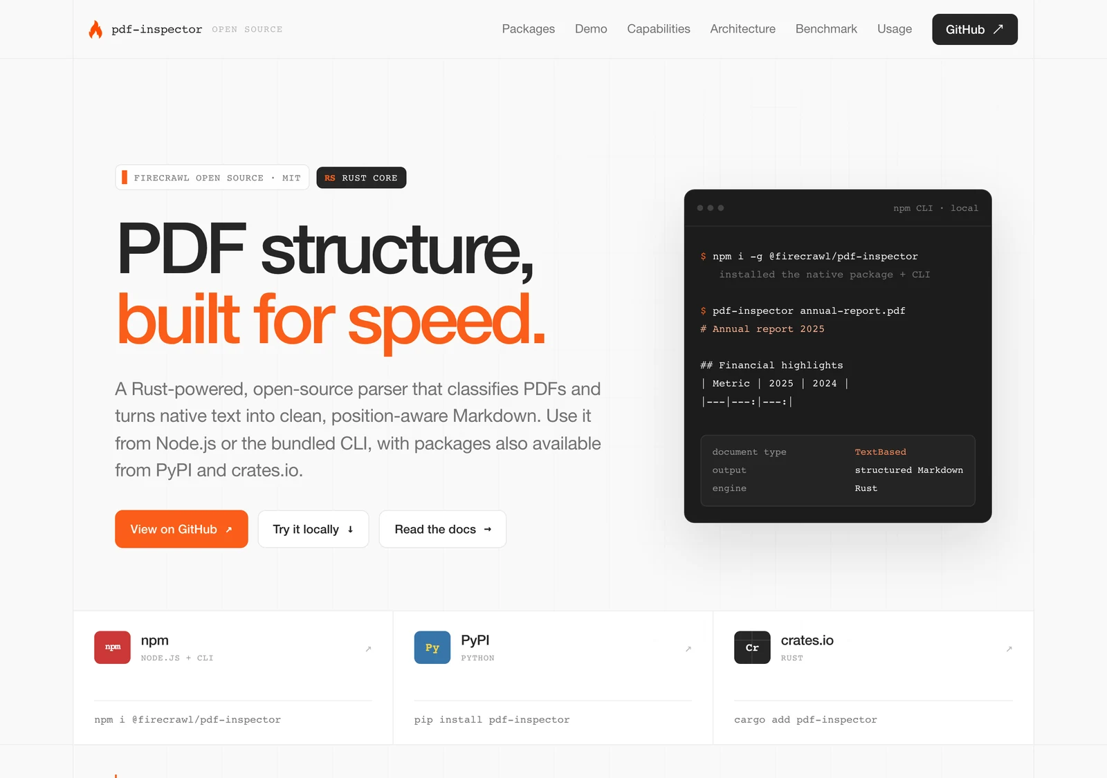 Firecrawl PDF Inspector 實測:幾毫秒判斷 PDF 要不要 OCR 4 pdf-inspector 官方瀏覽器展示頁,提供拖放 PDF 檔案就地分類與轉換的介面