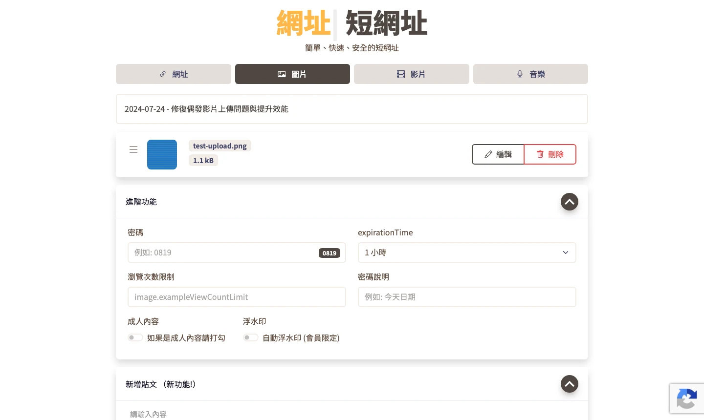 Fito.cc 圖片上傳頁面截圖，選定檔案後展開進階功能面板，包含密碼欄位、有效時間下拉選單、瀏覽次數限制輸入框與成人內容勾選