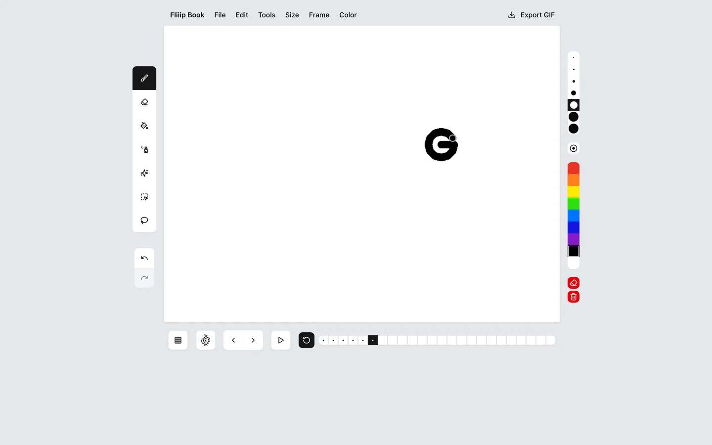 FliiipBook 編輯器畫面：左側是筆刷、橡皮擦、選取、套索、油漆桶與噴槍工具列，中間 800×600 畫布上畫著一顆黑色圓球，下方是 24 格時間軸與播放控制
