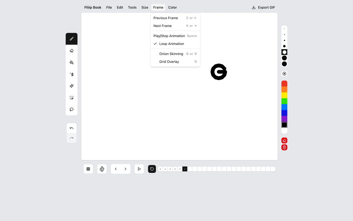 FliiipBook 的 Frame 選單展開畫面：上一格 Z 或方向左鍵、下一格 X 或方向右鍵、播放空白鍵，以及循環播放、洋蔥皮與格線三個開關，附有快捷鍵提示