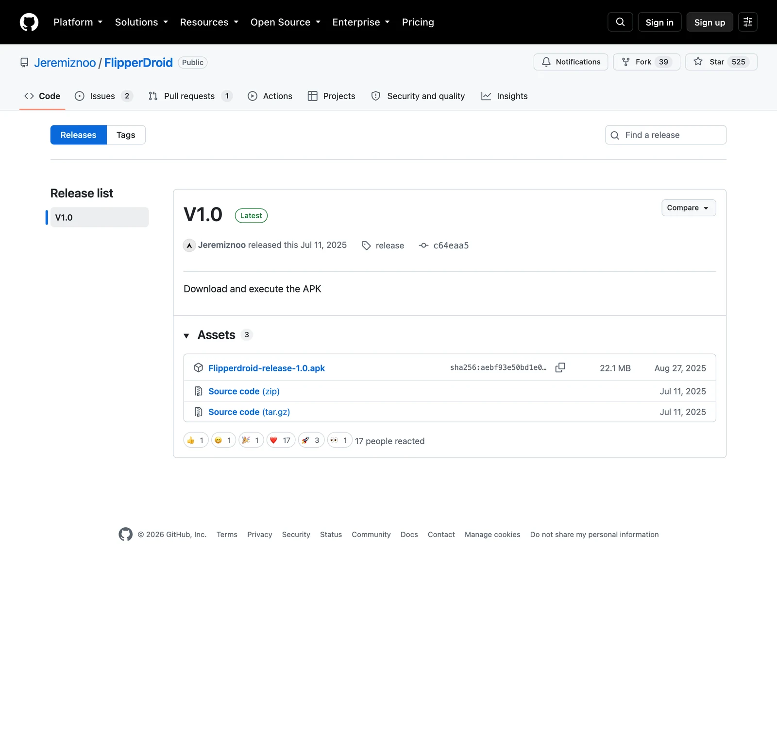 FlipperDroid 的 GitHub Releases 頁面：唯一的正式版本 V1.0，發布於 2025 年 7 月，內附一個 22.1MB 的 APK 安裝檔
