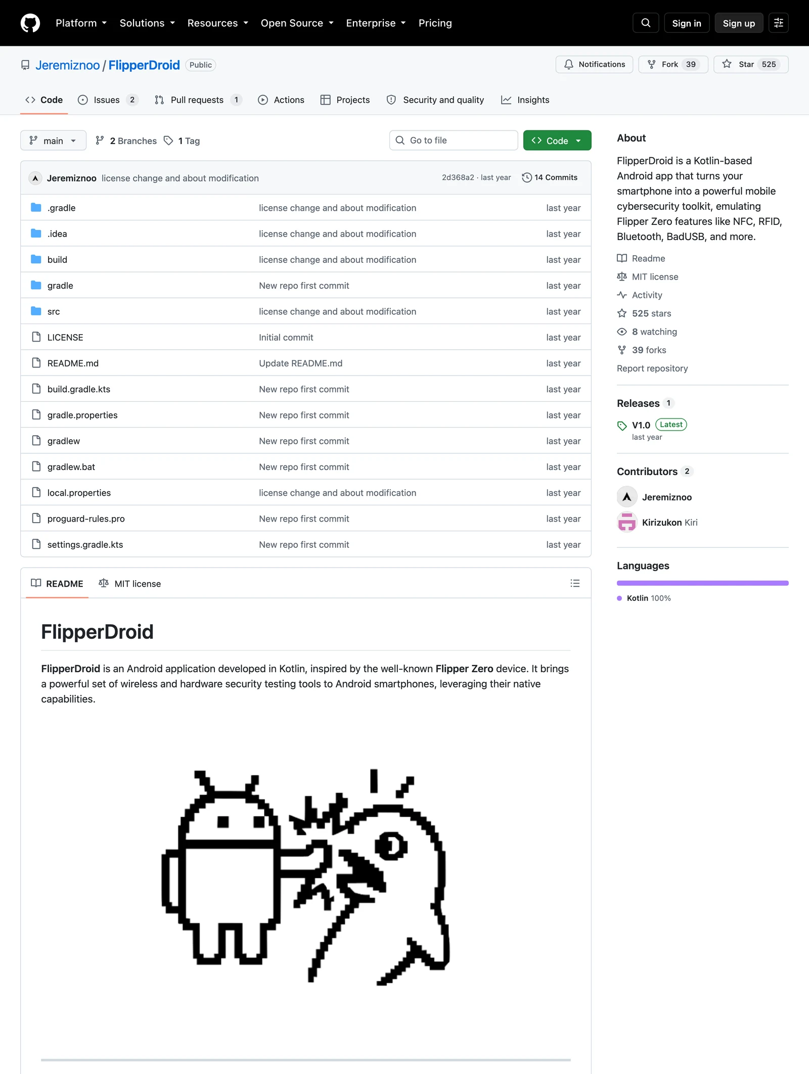 FlipperDroid 的 GitHub 專案頁：MIT 授權標章、五百多顆星，README 列出 NFC、藍牙、BadUSB 與網路工具等功能項目
