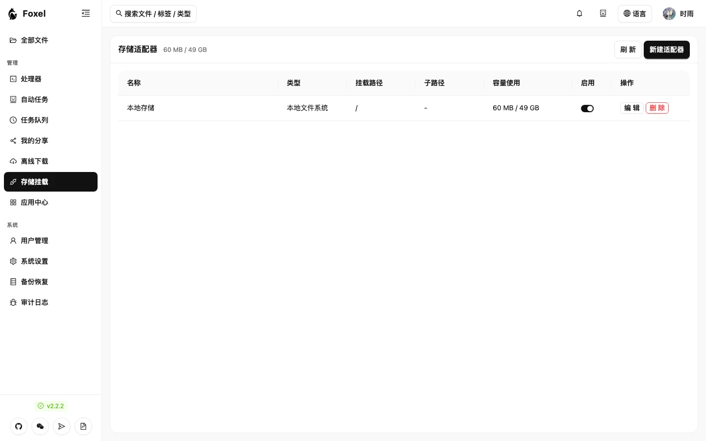 Foxel 的儲存掛載頁面，列出已掛載的儲存後端與新增掛載的按鈕