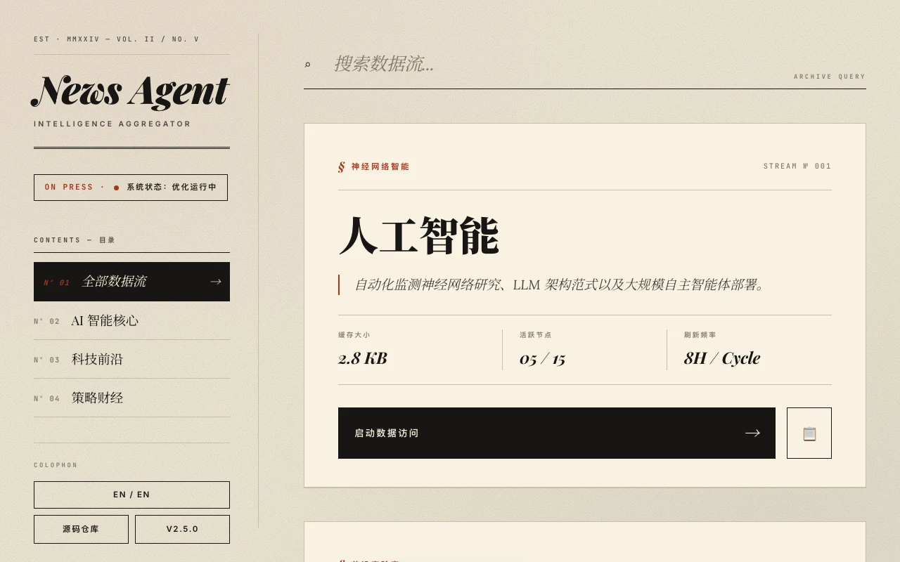 News Agent 新聞聚合器:把多源 RSS 收斂成自己營運的訂閱源 3 News Agent 部署在 280468.xyz 的門面頁,分類卡片列出 AI、科技與財經三個資料流