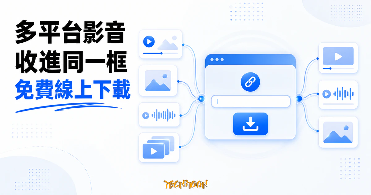 TechMoon 精選圖｜Galaxy Downloader 把多個社群平台的影音連結收進同一個線上下載框，以抽象來源卡、解析輸入框與影音輸出卡呈現。