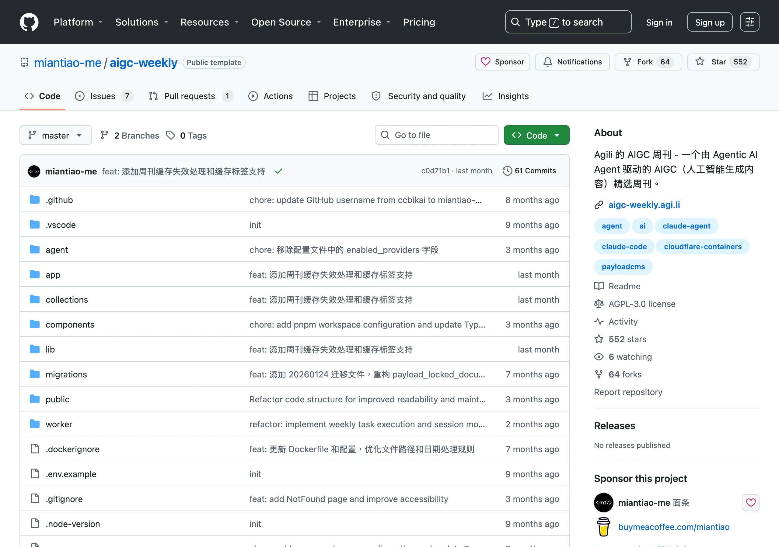 aigc-weekly 開源 AI 週刊:OpenCode Agent 加 Cloudflare 自動策展 AIGC 內容,自架前先看三個真實成本 3 GitHub 上 miantiao-me aigc-weekly 倉庫首頁,顯示 README 內容、技術棧為 Next.js 與 Payload CMS 與 Cloudflare,採用 AGPL-3.0 授權