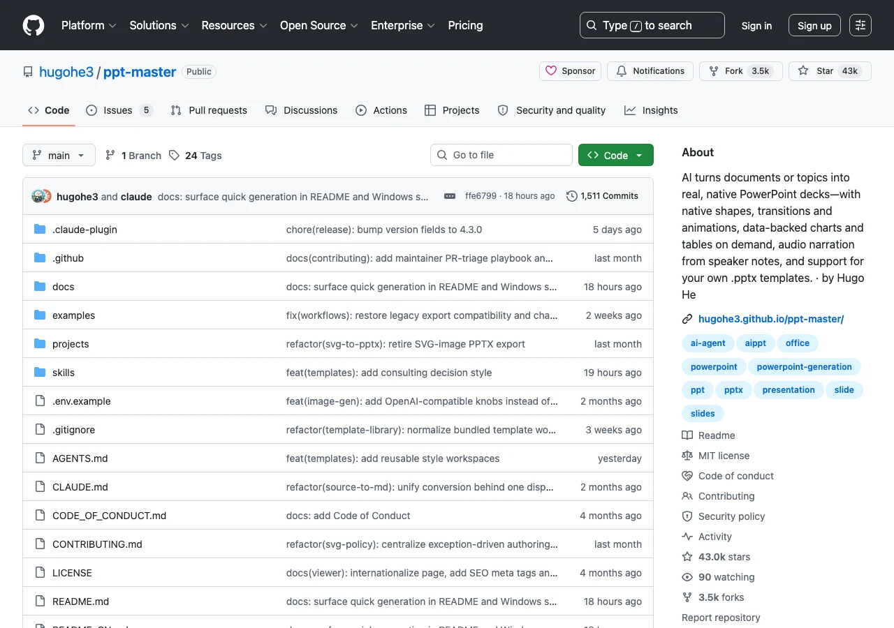 PPT Master GitHub 專案首頁，顯示 4.3 萬 stars、3 千多 forks 與 MIT 授權徽章