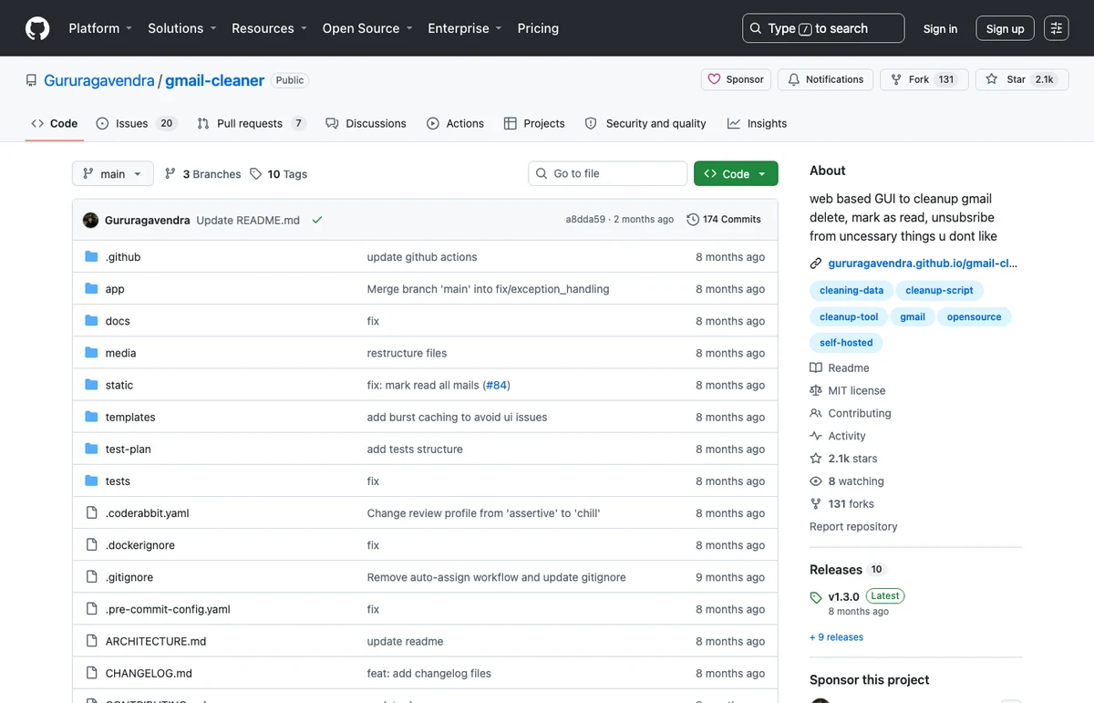 Gmail Cleaner 的 GitHub 倉庫頁面，顯示專案說明與授權