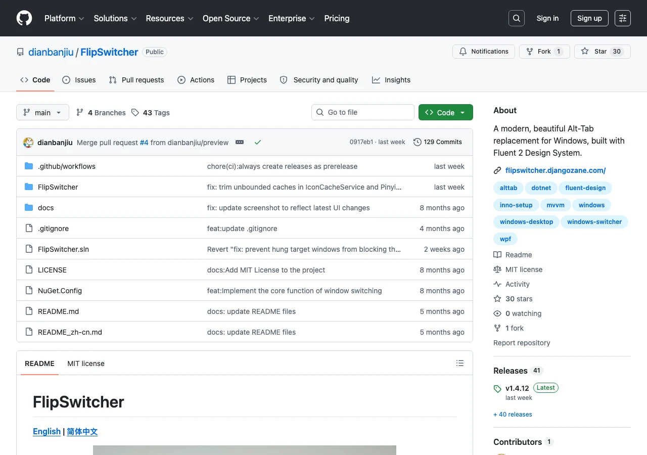 FlipSwitcher:把 Alt+Tab 補上搜尋與視窗管理的開源切換器 3 FlipSwitcher 在 GitHub 的開源倉庫頁面,顯示專案名稱星數 fork 與近期發布時程
