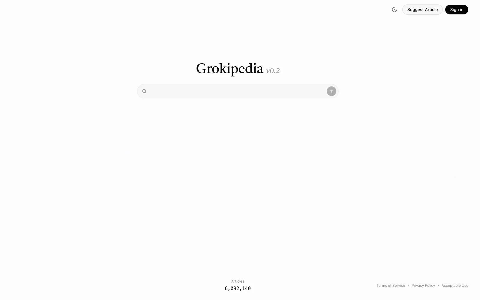 Grokipedia 是什麼?609 萬 AI 百科實測,先看清能不能引用 2 Grokipedia 官方首頁截圖:搜尋框下方顯示即時條目計數器 6,092,140,頁尾為 xAI 的服務條款與隱私政策連結