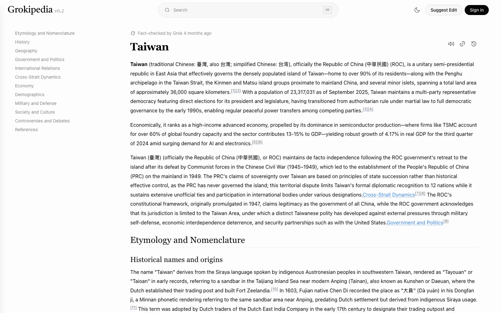 Grokipedia 是什麼?609 萬 AI 百科實測,先看清能不能引用 3 Grokipedia 的 Taiwan 條目頁截圖:條目上方顯示 Fact-checked by Grok 4 months ago 徽章,右側為完整目錄,內文附上標引用