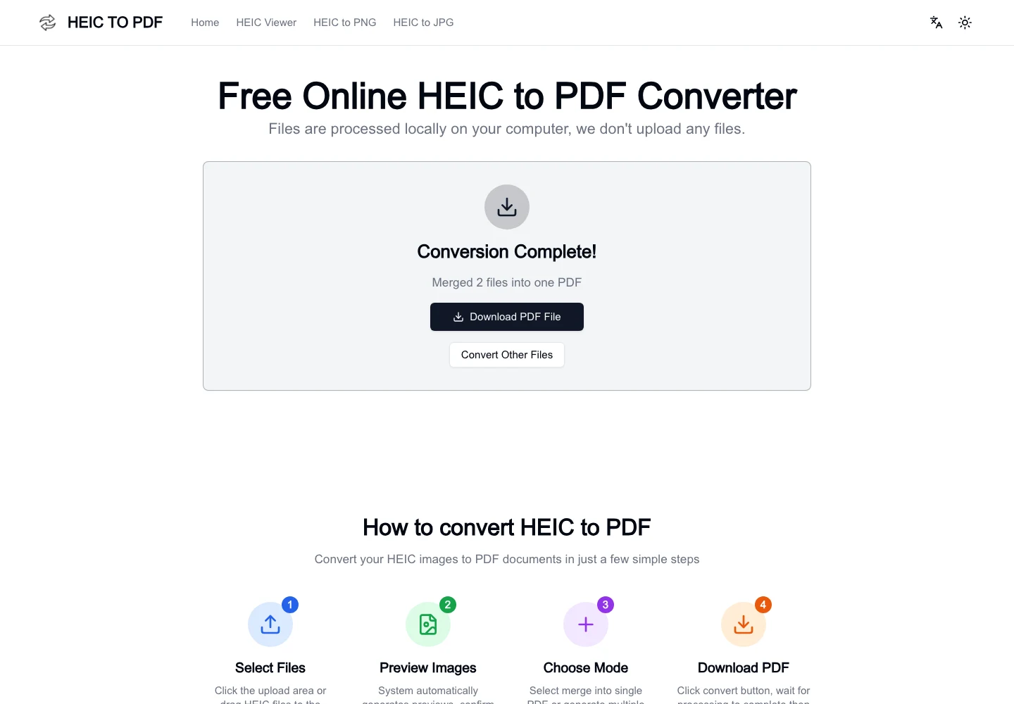 HeicToPDF 免費轉檔工具,把 iPhone HEIC 照片收成一份 PDF 2 TechMoon 精選圖|HeicToPDF 轉換完成畫面,顯示 Conversion Complete 與已將兩個檔案合併為一份 PDF 的訊息,下方保留 Download PDF File 按鈕