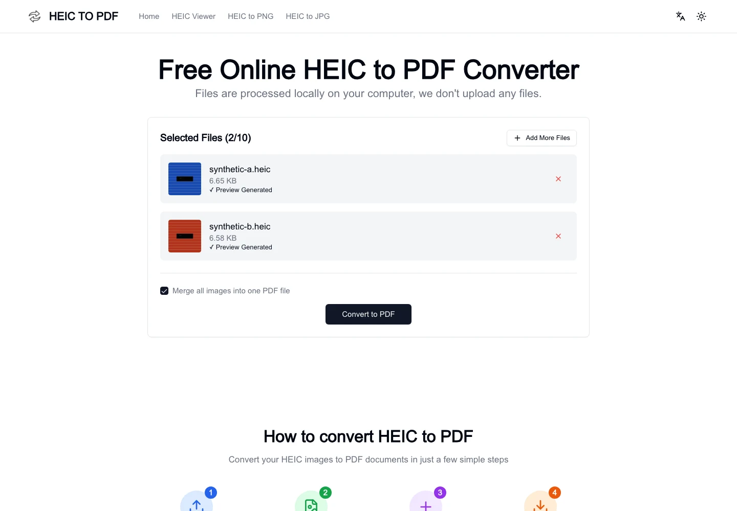 HeicToPDF 免費轉檔工具,把 iPhone HEIC 照片收成一份 PDF 3 TechMoon 精選圖|HeicToPDF 選檔後的預覽畫面,顯示 Selected Files 2/10 計數、兩張 HEIC 縮圖預覽與 Merge all images into one PDF file 合併選項