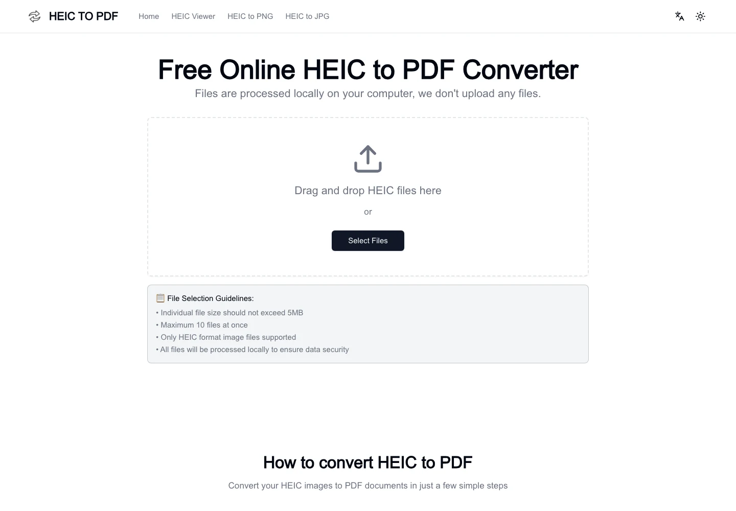 HeicToPDF 免費轉檔工具,把 iPhone HEIC 照片收成一份 PDF 4 TechMoon 精選圖|HeicToPDF 首頁上傳區,拖放區下方條列單檔不超過 5MB、一次最多 10 張、僅支援 HEIC 格式的檔案選擇說明