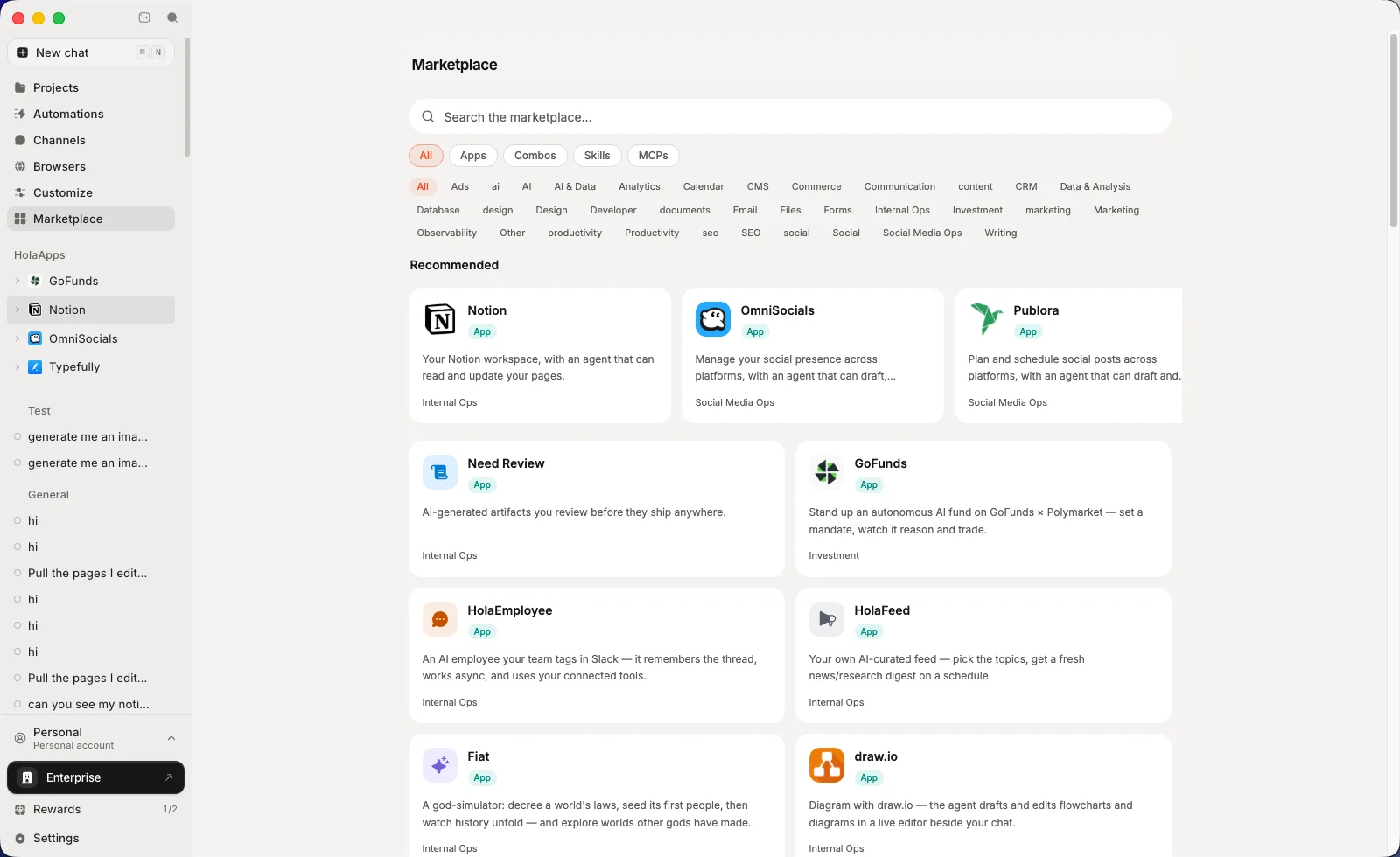 holaOS:開源 AI 工作區,讓 Claude Code 與 Codex 共用記憶 4 holaOS 應用市集官方介面:可將 Notion 等應用一鍵安裝進工作區給 agent 使用