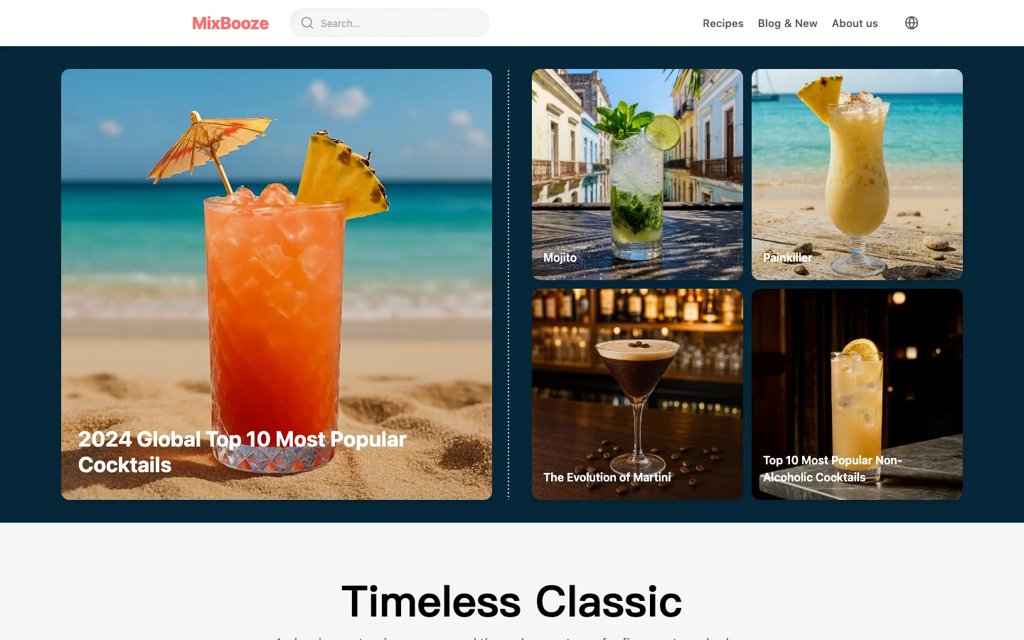 MixBooze 英文版首頁畫面，左側為 2024 全球十大最受歡迎雞尾酒專題圖卡，右側為 Mojito、Painkiller、馬丁尼演進與十大無酒精調酒等配方卡片