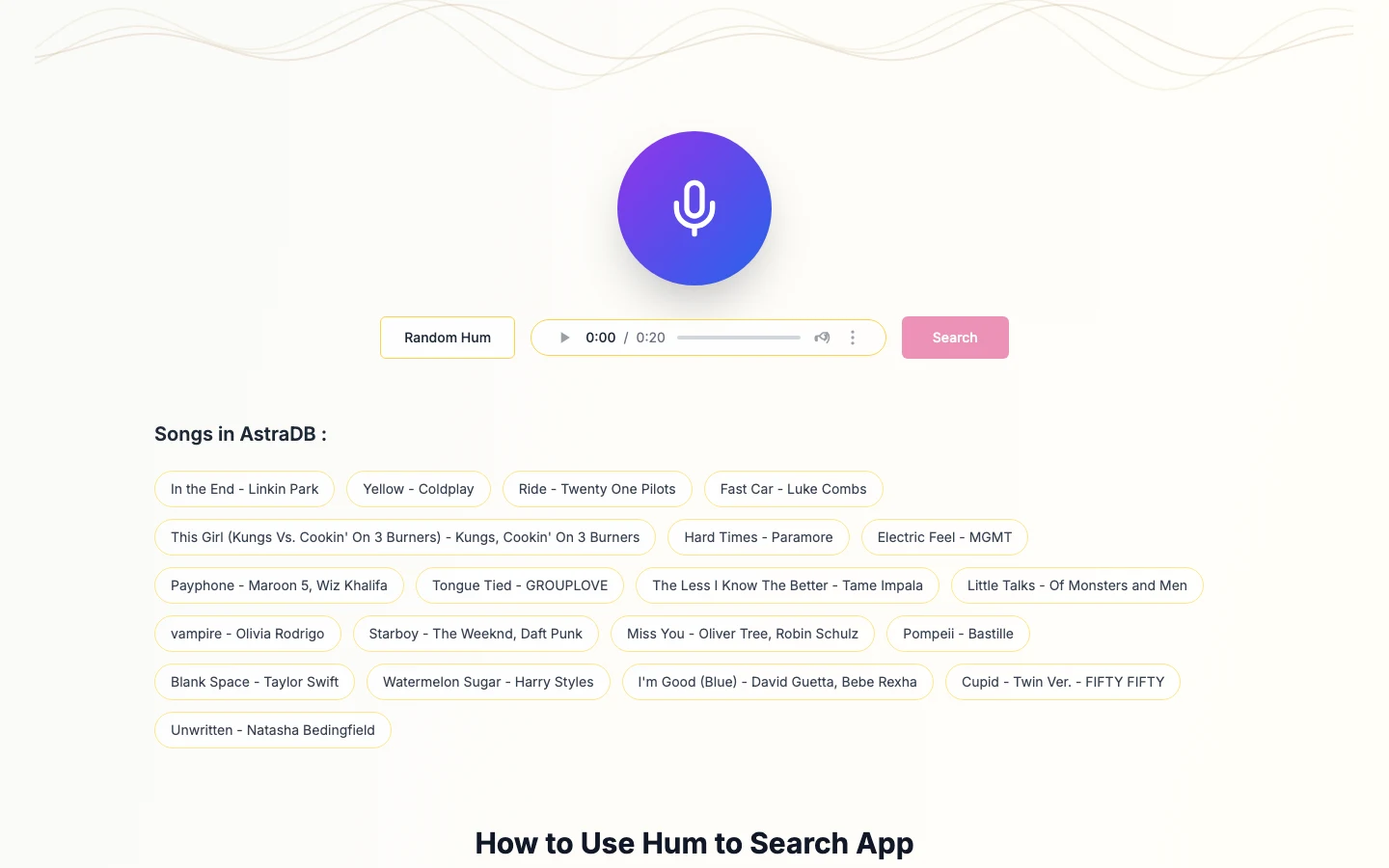Hum to Search 哼唱找歌實測,一段旋律換一首隨機的熱門歌 3 Hum to Search 首頁的 Songs in AstraDB 歌單區塊與 Random Hum 播放器
