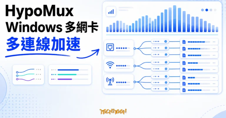HypoMux 教學:多網卡分流、適用下載與限制 1 TechMoon 精選圖|HypoMux 把 Windows 電腦的有線、Wi-Fi 與手機熱點多張網卡分配給多連線下載,呈現開源工具的頻寬聚合概念。