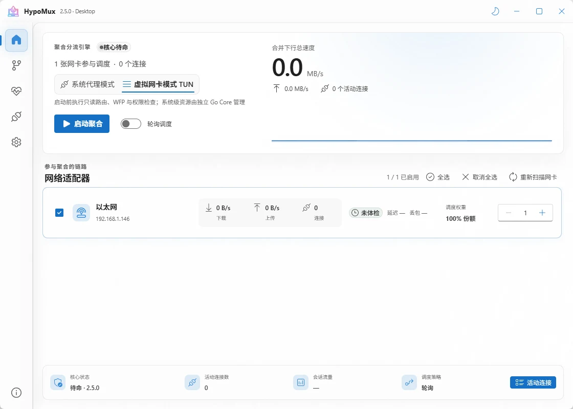 HypoMux 2.5 桌面介面，顯示網卡清單與聚合狀態（官方 README 截圖）