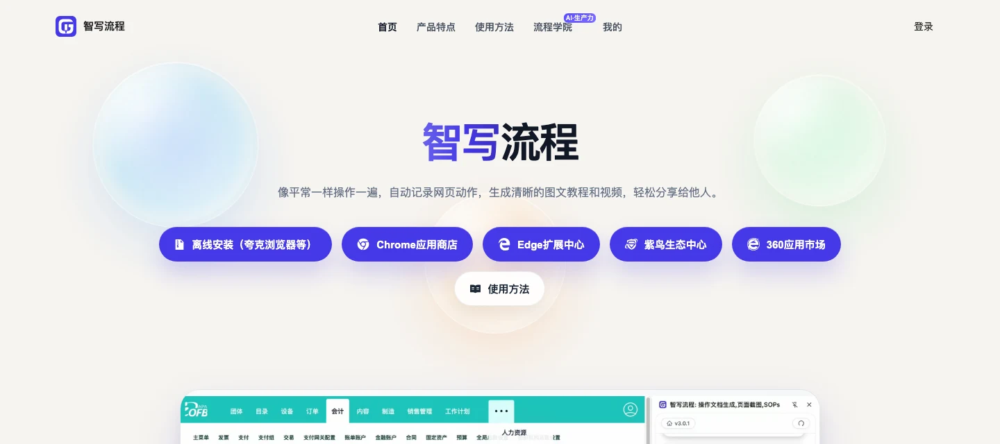 智寫流程操作錄製工具:把網頁步驟自動錄成圖文教學 2 智寫流程官網首頁,標語寫著像平常一樣操作一遍就自動記錄網頁動作並生成圖文教學,下方列出 Chrome 商店、Edge 擴充中心與 360 應用市場安裝入口