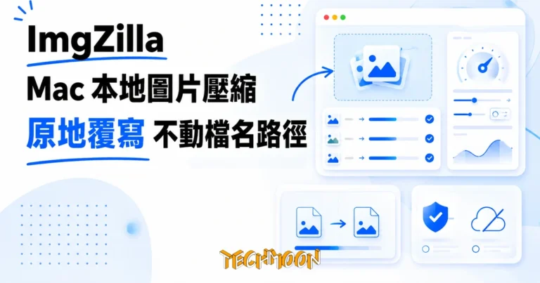 TechMoon 精選圖｜ImgZilla 是一款 Mac 本地圖片壓縮工具，拖入圖片後原地覆寫不動檔名與路徑，全機處理不上傳