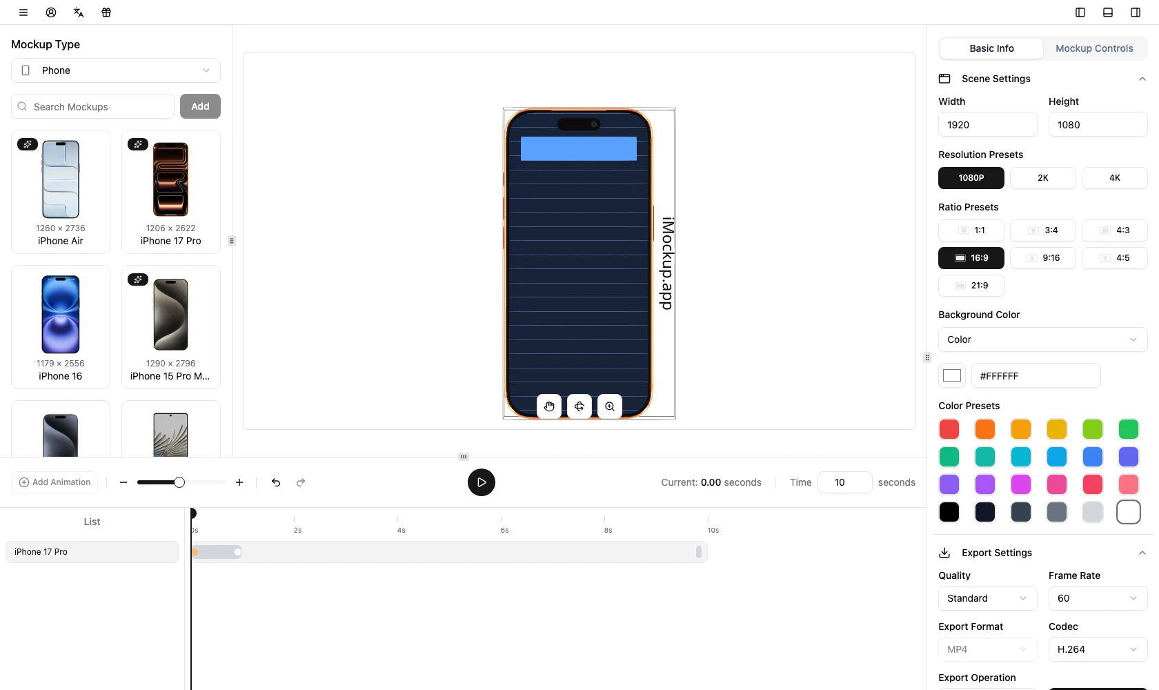 iMockup 免費線上 3D 樣機工具實測:App 截圖直接變手機展示動畫 3 iPhone 17 Pro 的 3D 模型畫布,手機螢幕上已換成拖入的深藍色 App 測試截圖