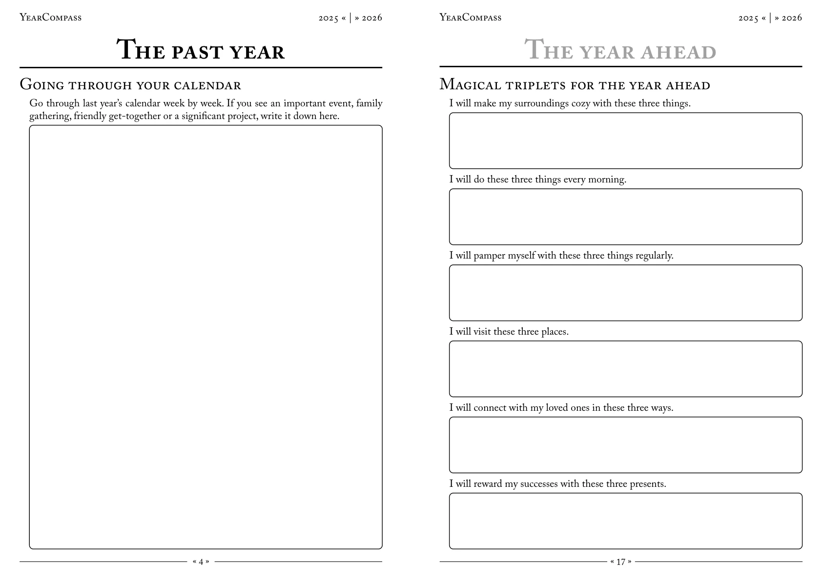 YearComPass 手冊內頁，翻閱去年行事曆並逐週抄下重要事件的回顧練習頁