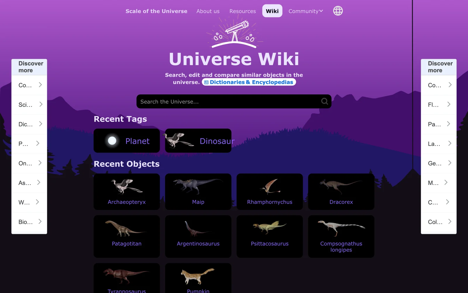 宇宙的刻度:免費互動網站,從量子泡沫縮放到整個宇宙 4 宇宙的刻度 Universe Wiki 頁面的最近新增物件清單,全是 2023 年春天前加入的古生物與南瓜條目