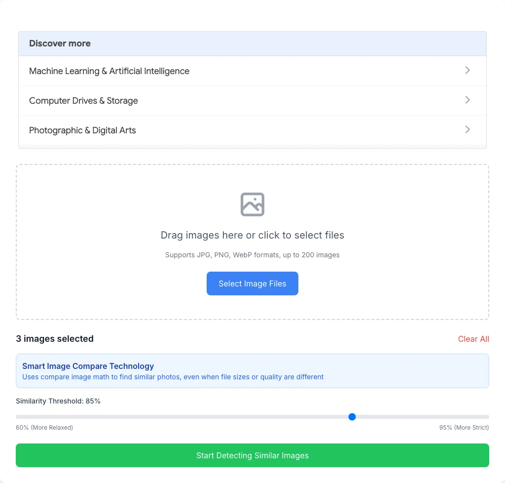 AI Image Similarity Checker 幫你比較兩張圖差異的免費工具 3 同網站批次去重工具的操作區,包含上傳區、已選 3 張圖片提示、相似度門檻滑桿(範圍 60 到 95、目前 85%)與開始偵測按鈕