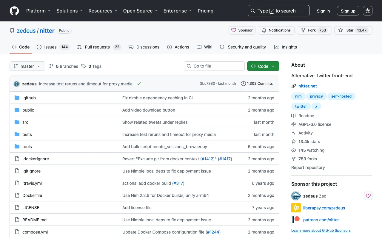 Nitter GitHub 倉庫 zedeus/nitter 的 README 頁面，頂部可見 session token 公告