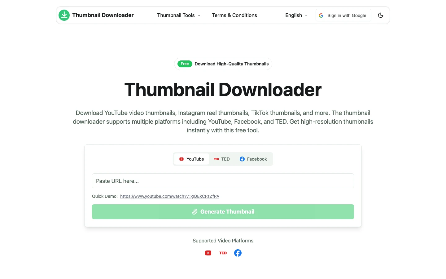 Thumbnail Downloader 實測,YouTube 封面圖一次抓五種尺寸 3 Thumbnail Downloader 首頁輸入框與支援的影片平台標誌,僅列出 YouTube、TED、Facebook 三個平台