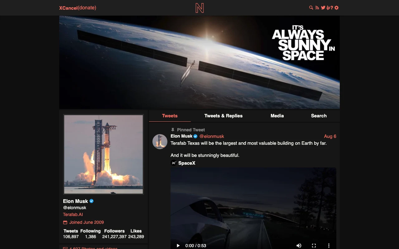 xcancel.com Nitter 公開實例瀏覽 Twitter 帳號頁面，無廣告無 JavaScript 的簡潔介面