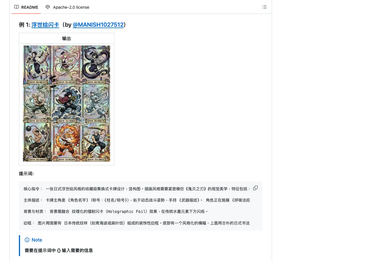 README 中範例 1 的內容結構，標題附原作者貼文連結，正文為輸出圖與分段提示詞
