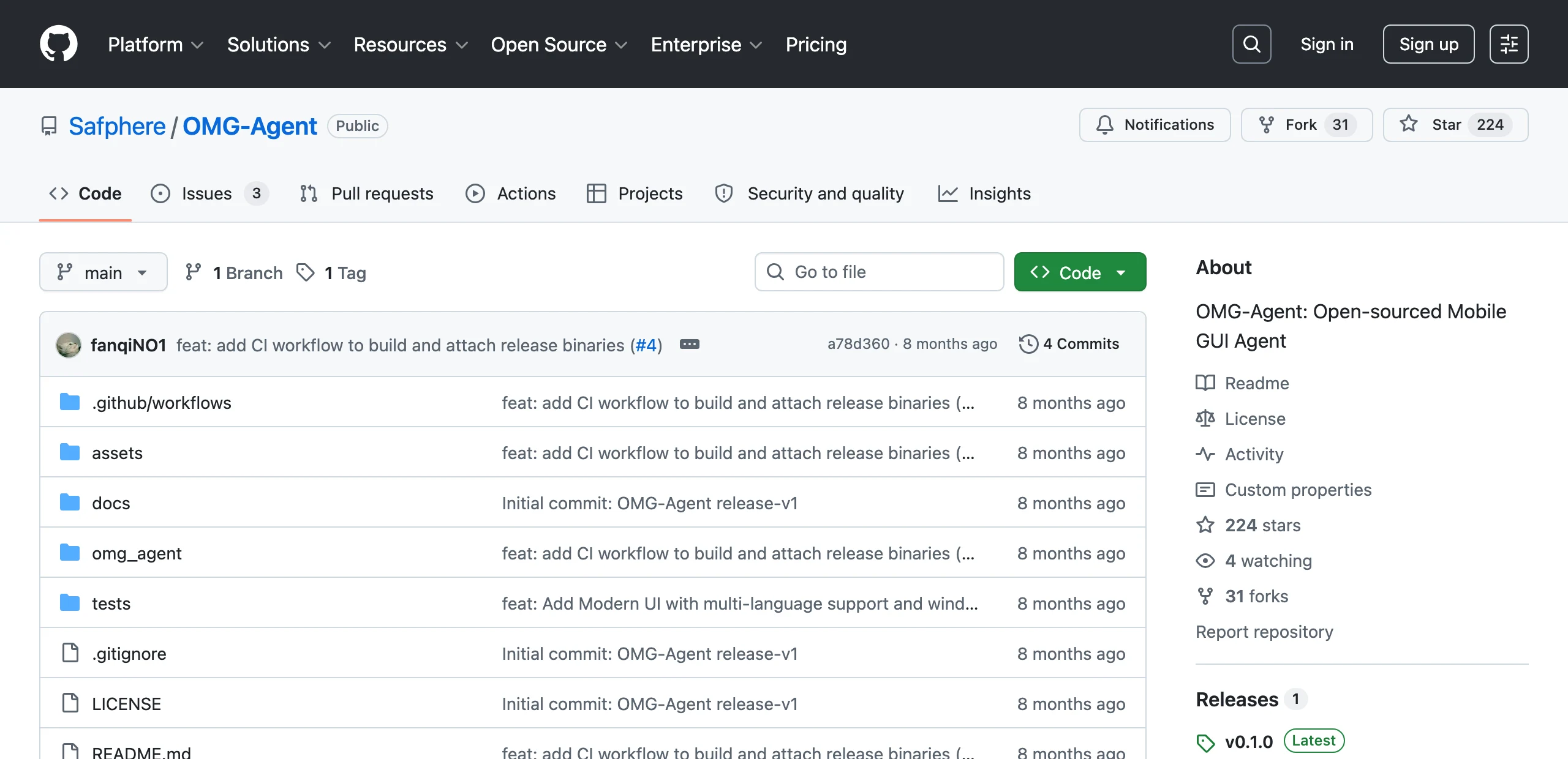 OMG-Agent 手機 GUI Agent:用自然語言操控 Android 的桌面原型 3 OMG-Agent GitHub 專案的授權標示與提交紀錄,顯示 Apache 2.0 加 Commons Clause 與九天開發週期