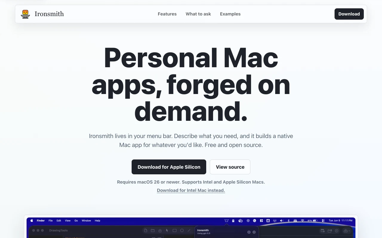Ironsmith:把口語需求鑄成原生 macOS 小工具,免開 Xcode 2 Ironsmith 官方網站首頁,展示用口語描述生成原生 macOS 應用程式的產品定位