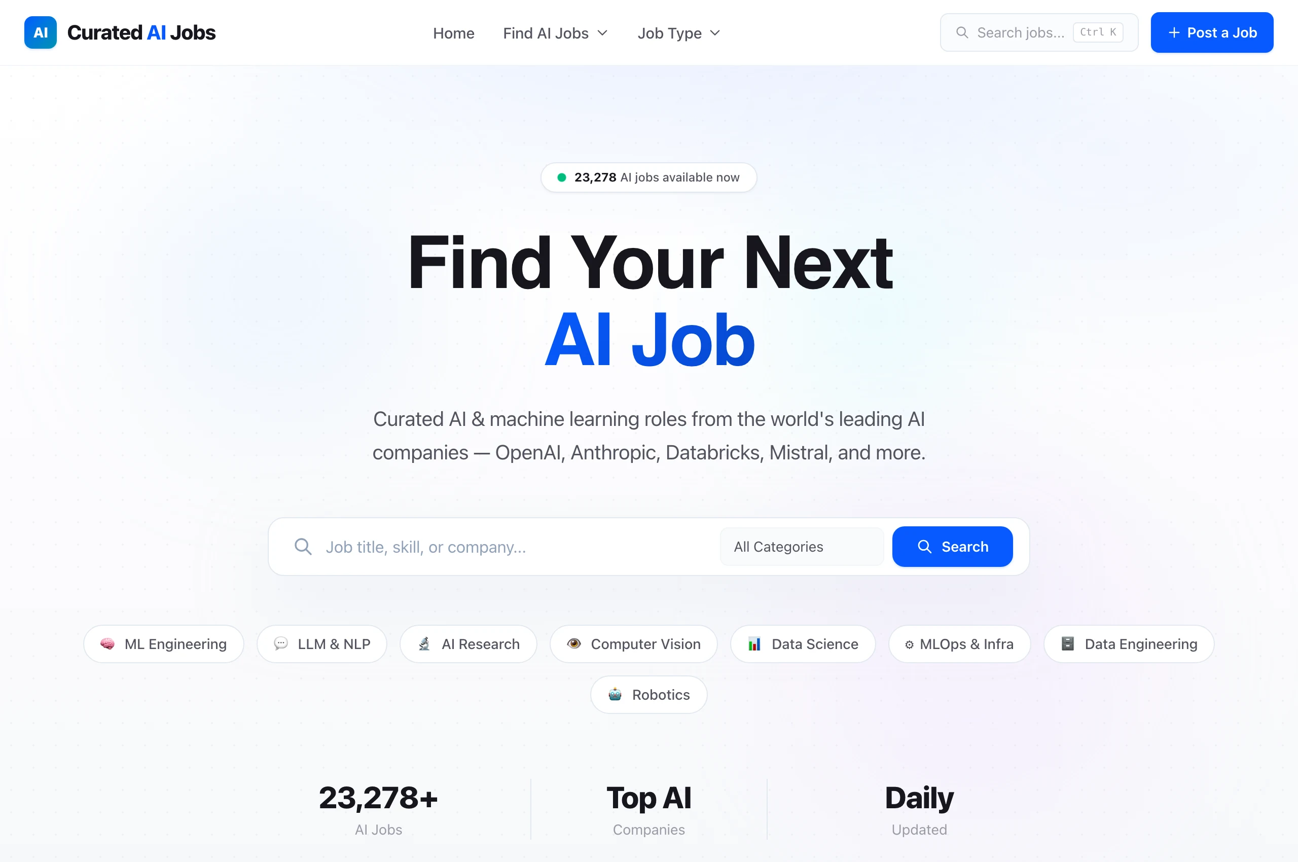 Job.Careers 是什麼?只收 AI 職缺,申請直達雇主官方頁 2 Job.Careers 首頁畫面:Find Your Next AI Job 標語,統計方塊標示 23,278+ AI 職缺與每日更新