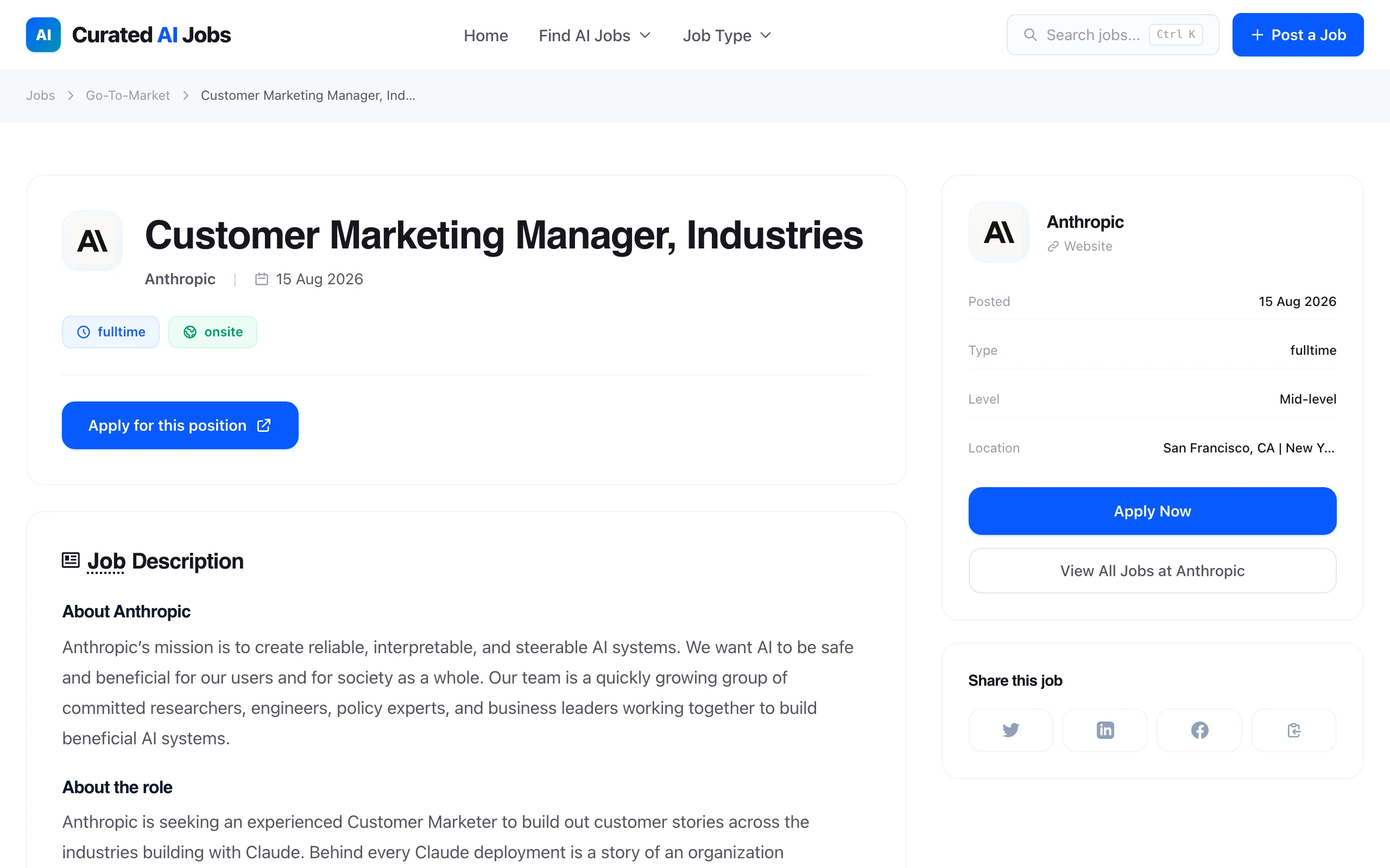 Job.Careers 是什麼?只收 AI 職缺,申請直達雇主官方頁 3 Job.Careers 職缺頁範例:Anthropic 客戶行銷經理職缺標示 fulltime 與 onsite,附申請按鈕