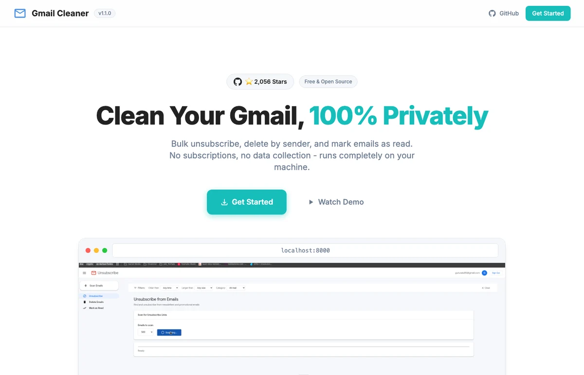 Gmail Cleaner 的 GitHub Pages 宣傳頁，含功能介紹與平台支援表