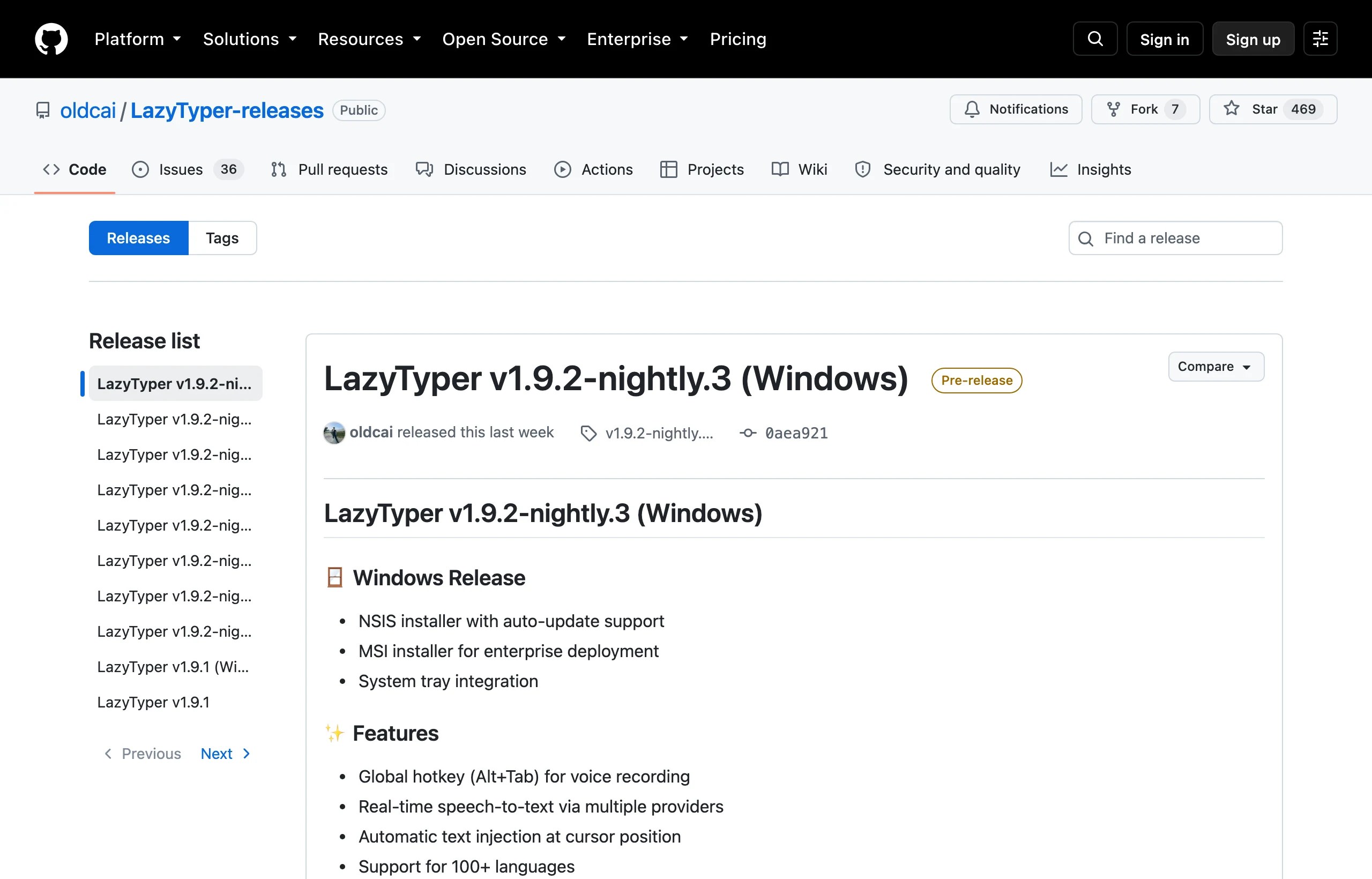 LazyTyper 語音輸入工具:辨識引擎隨你換,說完直接變文字 3 LazyTyper 的 GitHub releases 下載頁面,列出 v1.9.2 nightly 版本的 macOS、Windows、Linux 各平台安裝包與建議標籤