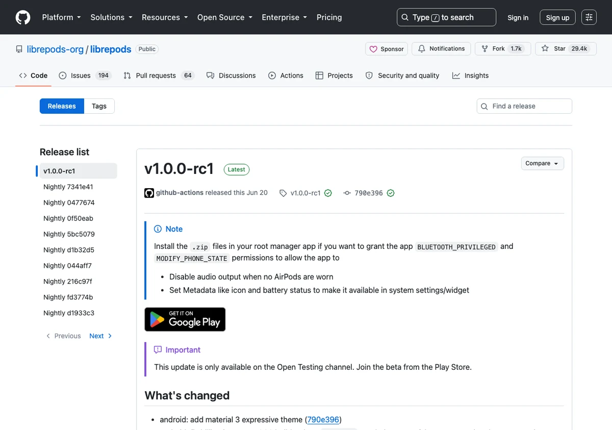 LibrePods:把蘋果 AirPods 私有藍牙協定逆向出來的開源 Android 工具 3 LibrePods 的 GitHub Releases 頁面,最新正式標籤為 v1.0.0-rc1 候選版,另有 nightly 每夜建構