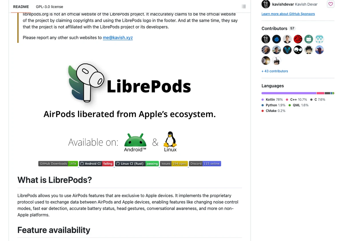 LibrePods:把蘋果 AirPods 私有藍牙協定逆向出來的開源 Android 工具 2 LibrePods 的 GitHub 倉庫 librepods-org/librepods 首頁,顯示星數、GPL-3.0 授權與功能對照表 README