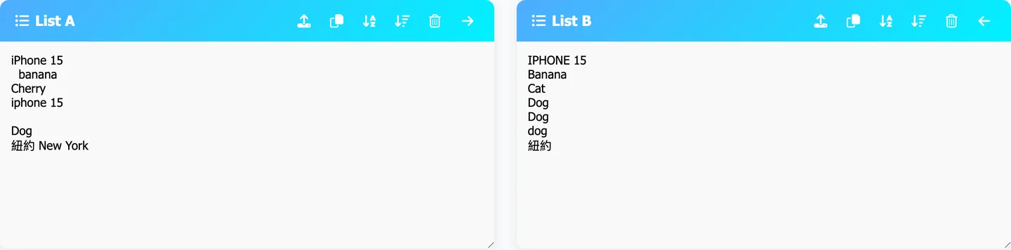 ListDifference 輸入畫面，左邊 List A 與右邊 List B 各七行測試項目，欄位上方有上傳、複製、排序、反轉與清除按鈕