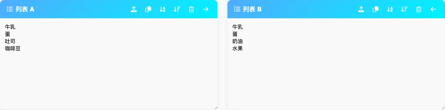 ListDifference 繁體中文版介面，兩側輸入中文購物清單項目，按鈕文字為比較列表與全部清除