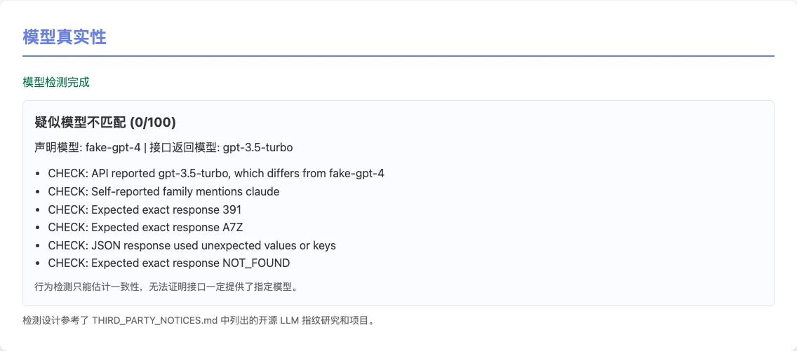 開源工具 LLM API Test,從瀏覽器實測 API 速度與模型真偽 3 LLM API Test 模型真偽檢查結果:謊報模型的端點被判疑似模型不匹配 0 分,六項探針證據全數列為異常