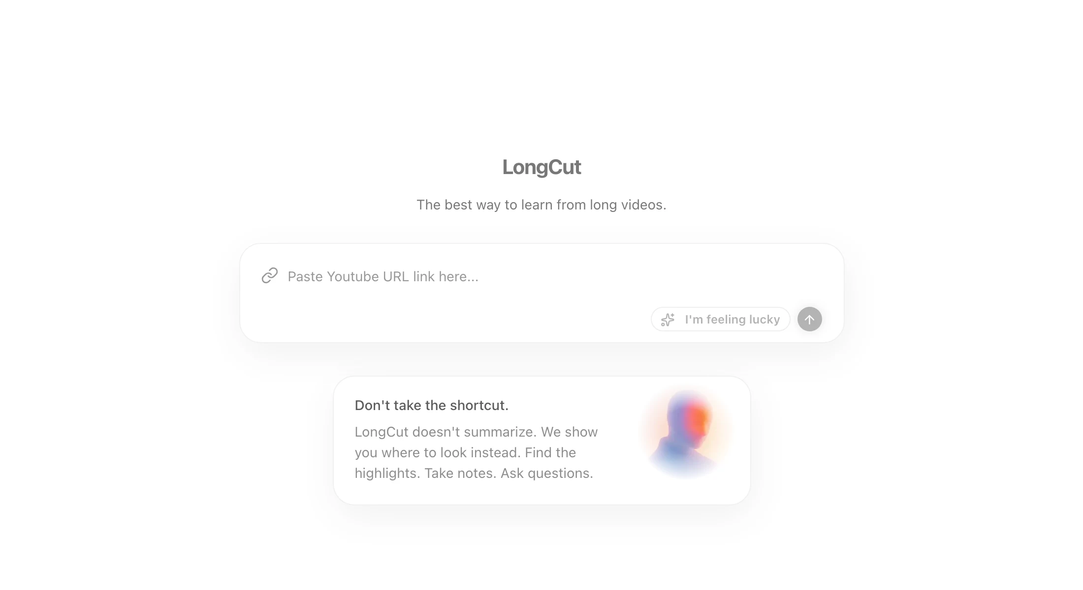 LongCut(原 TLDW)開源工具:把 YouTube 長影片變成時間戳筆記 3 LongCut 官網首頁,顯示品牌標語與 YouTube 連結輸入框