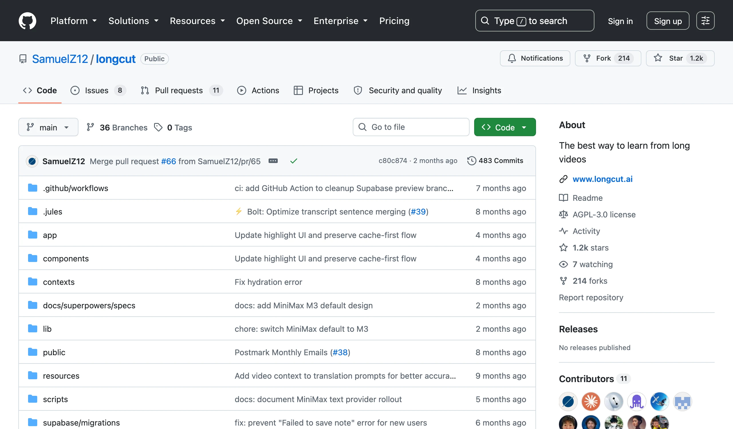 LongCut(原 TLDW)開源工具:把 YouTube 長影片變成時間戳筆記 2 LongCut 專案的 GitHub 儲存庫頁面,顯示專案名稱、AGPL-3.0 授權與星數