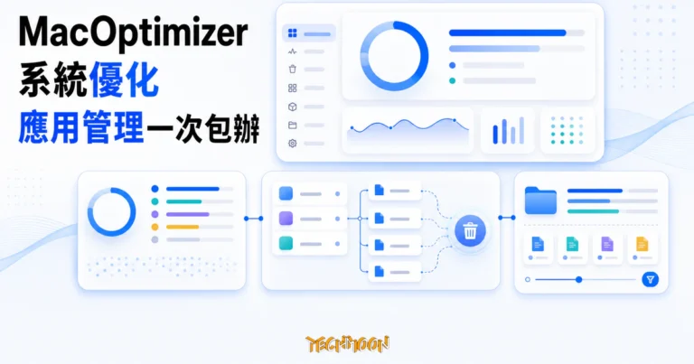 MacOptimizer:用一個視窗搞定 macOS 的八件系統維護工作 3 TechMoon 精選圖|MacOptimizer macOS 系統優化與應用管理工具,以系統監控、磁碟清理、應用卸載與檔案管理卡片呈現一站式工作流程。